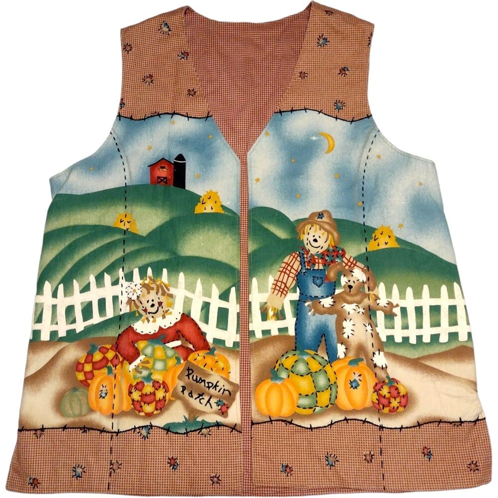 Vintage 90s Fall Autmn Vest Womens Size XL Pumpkin Patchwork Reversible Teacher